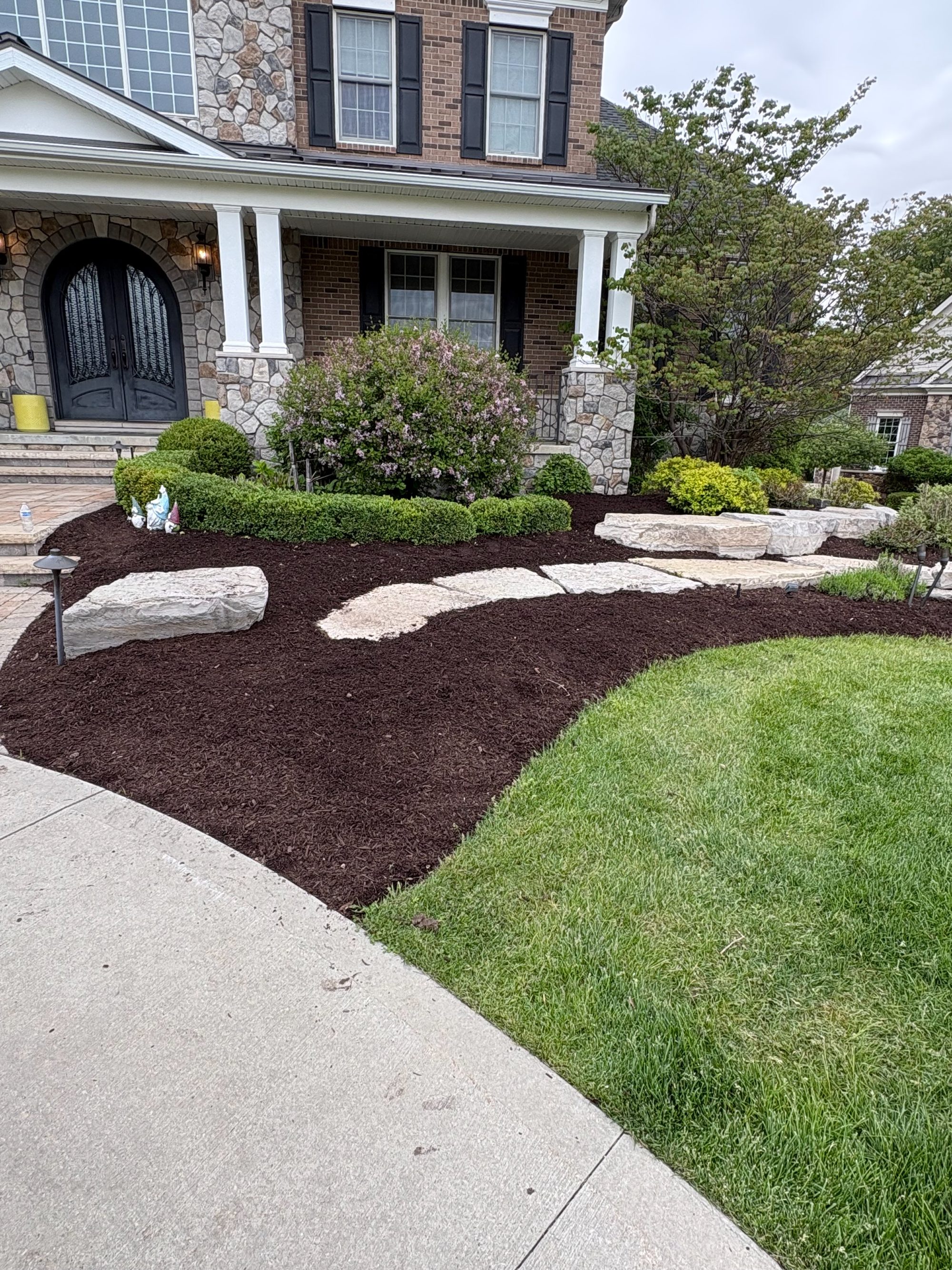 Freshly installed dark mulch beds with stone walkway in an Ann Arbor area front yard